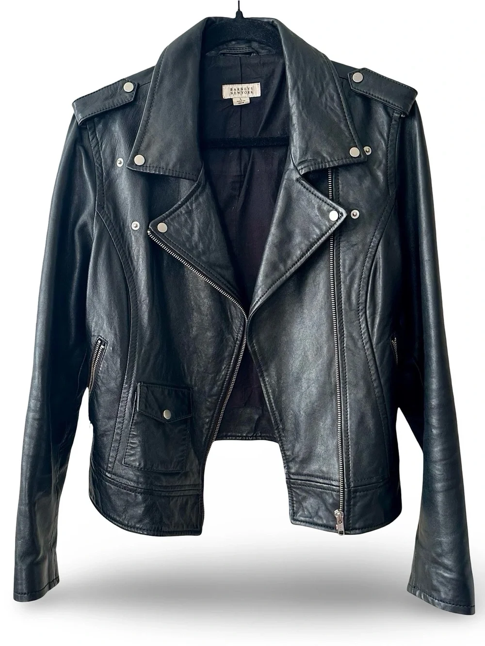AUTH Vtg 90’s Barneys New York Soft Black Leather Moto Jacket Large Retail $895 - Picture 2 of 8